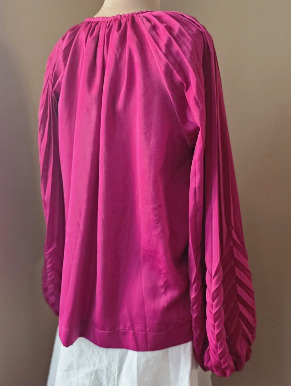 Umgee Magenta Pleated Sleeve Neck Tie Blouse V-Neck Boho Peasant Top Pink Small - Picture 6 of 8
